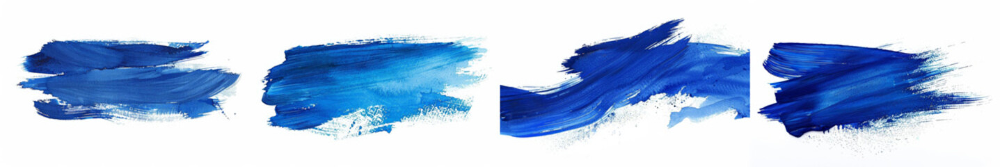 Set of four blue brush stroke banners isolated on white background, ideal for artistic design elements with space for text