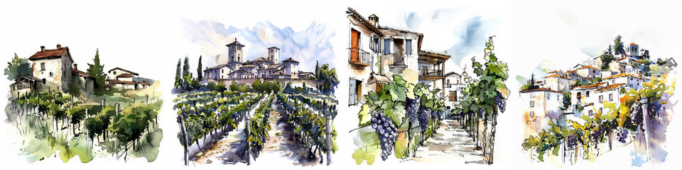 Collection of Panoramic watercolor illustration of a picturesque European vineyard and village, ideal for wine-related themes and backgrounds, with space for text