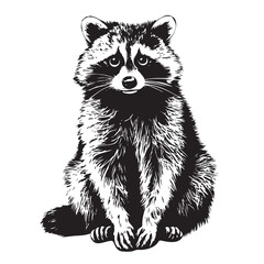 Cute hand drawing raccoon sketch. Vector monochrome illustration. - obrazy, fototapety, plakaty