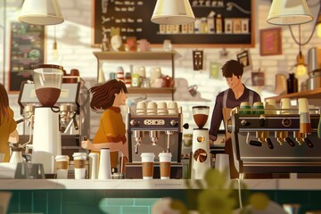 An animated cafe with baristas using vintage espresso machines, creating intricate latte designs for delighted customers, Generative AI