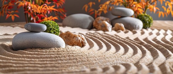 Fototapeta na wymiar Serene Zen Rock Garden Scene with Raked Sand and Autumnal Foliage Creating a Tranquil Atmosphere for Mindfulness and Relaxation
