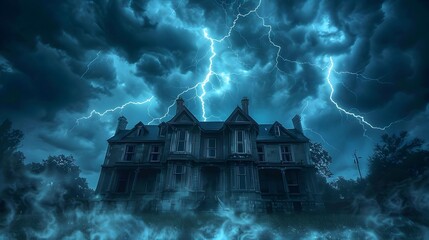 Haunting Mansion Under Ominous Storm-Swept Skies Ignites Supernatural Intrigue - obrazy, fototapety, plakaty