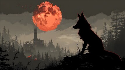 Haunting Silhouette of a Cunning Fox Amid an Eerie,Outpost-Dotted Midnight Forest Landscape - obrazy, fototapety, plakaty