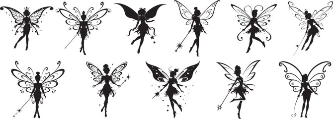 Fairy magic silhouettes set, large pack of vector silhouette on png - obrazy, fototapety, plakaty