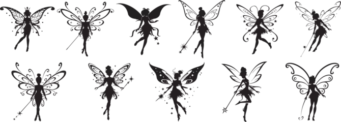 Foto op Aluminium Fairy magic silhouettes set, large pack of vector silhouette on png © DELWAR