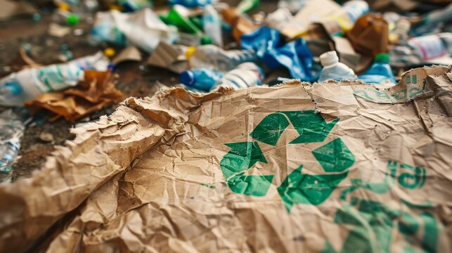 close up of crumpled brown paper with green recycling symbol on it
