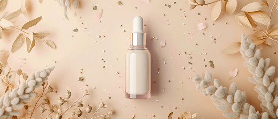 Beige pastel cosmetic mockup. Layout, Flat lay.  Banner with cream jar, container, serum bottle, dry flowers and decoration. Skin Care beauty concept. Showcase for product presentation. Generative ai