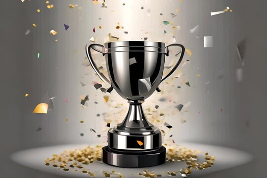 Silver metallic trophy with confetti rain