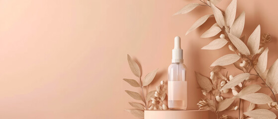 Beige natural pastel cosmetic mockup. Banner with cream jar, container, serum bottle, dry flowers and leaf. Shadows effect. Skin Care beauty concept. Showcase for product presentation. Generative ai - obrazy, fototapety, plakaty