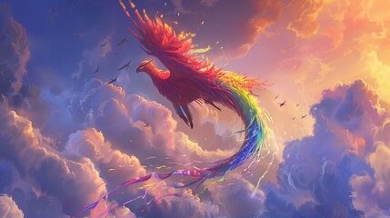 In a mystical realm beyond the clouds, a fictional cartoon animal soars through the sky on gossamer wings, its colorful plumage trailing behind like a rainbow in flight. 

 - obrazy, fototapety, plakaty