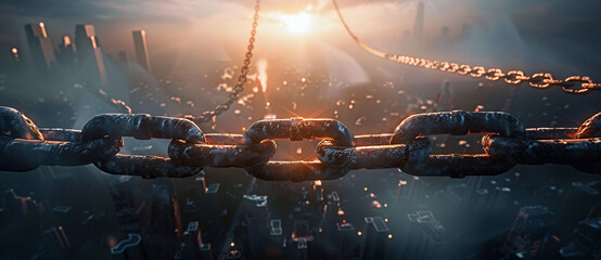 Closeup of heavy iron chains connecting to each other with cityscape on the background