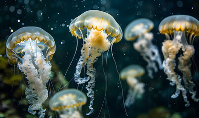 Jellyfish float in tank with dark background ,Generative AI  - Powered by Adobe