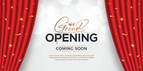 Realistic grand opening invitation banner with red curtains, golden elements and 3d editable text effect - obrazy, fototapety, plakaty