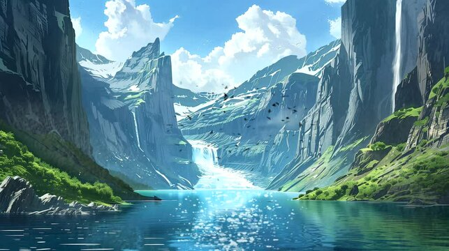 Fjord with steep cliffs. Fantasy landscape anime or cartoon style, looping 4k video animation background
