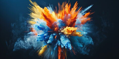 Fototapeta na wymiar Colored powder bursts in a dynamic explosion against a dark backdrop, creating a striking display of vivid hues.