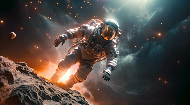 An astronaut in a detailed spacesuit floats amidst cosmic clouds and debris, with Earth's glow reflecting on the visor.