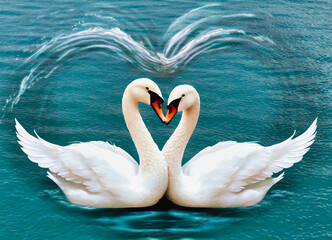 Two white swans touching beaks. AI Generated