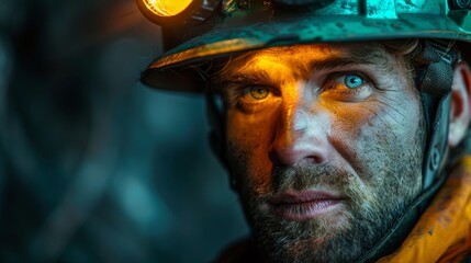 Dramatic illumination of firefighter helmet in dark setting - obrazy, fototapety, plakaty