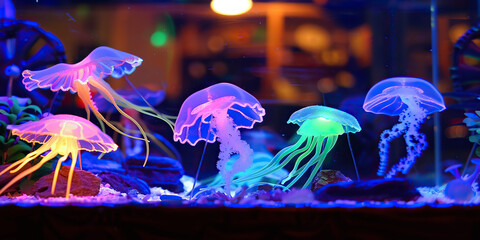 A cluster of jellyfish gracefully swimming in an aquarium, displaying their unique shapes and movements.