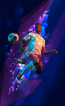 Dynamic image of young African man, football player in motion during game match, hitting ball against dark background with polygonal and fluid neon elements. Concept of sport, competition, tournament