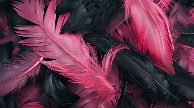 Feathers texture background. Flying pink bird or angel feathers