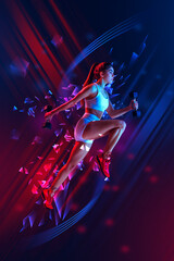 Fototapeta na wymiar Dynamic image of sportive young girl in motion, training, doing exercises with dumbbells against gradient background with polygonal and fluid neon elements. Concept of sport, competition, tournament