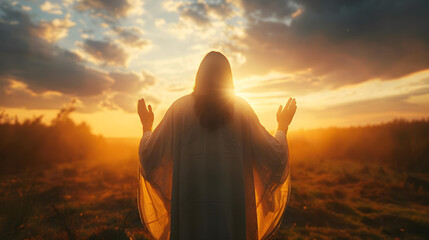 Rear view of Jesus Christ with raised hands praying to God against a sunrise sky background. - obrazy, fototapety, plakaty