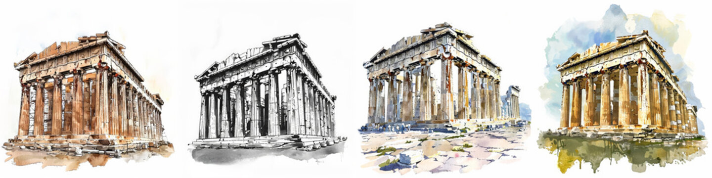 Set of watercolor sketches of the Parthenon, ancient Greek temple on the Acropolis in Athens, suitable for historical or travel-related designs with copy space