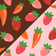 Cute cartoon pattern of strawberries and carrots on a pink and brown background in a simple