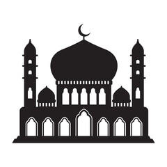 Vector islamic mosque black silhouette. Ramadan muslim icon isolated on white. Arabian mosque building shape with minarets. Eid Al-Fitr illustration