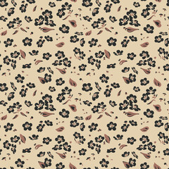 Seamless pattern with black flowers - Myosotis isolated on the beige background. Hand-drawn illustrations of wildflowers. Forget-me-not flower.