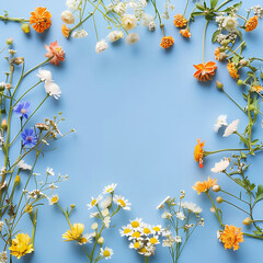 Obraz premium Frame for the text of congratulations with flowers of on a blue background. Greeting card with natural colors.