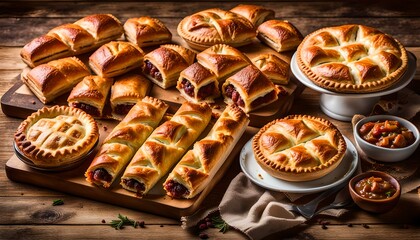Selection of Pies, Pasties and sausage rolls on a wooden background.
