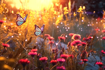 A butterfly on a meadow among wildflowers and grass at sunset