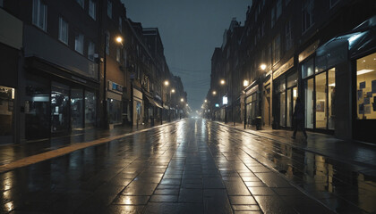 Night city life, wet sidewalks, dark buildings, illuminated street lights colorful background