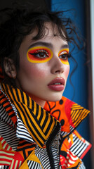 Image of a girl's makeup in the Cluttercore trend using rich colors and bold strokes.