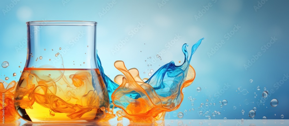 Poster An image showing two transparent glasses filled with vibrant orange and blue liquids, splashing out in a dynamic and colorful display.