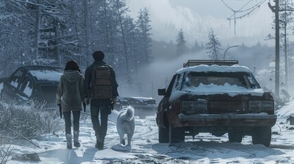 A couple and their fluffy white dog walk away from the camera in a desolate winter landscape, with an abandoned car and snowy mountains in the background - AI Generated Digital Art