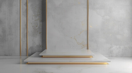 Grey podium display with golden lines. Cosmetics or beauty product promotion mockup.