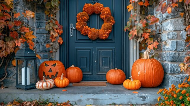 Seasonal decorations with pumpkins outside.