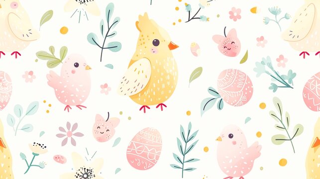 Pastel Spring seamless pattern tile with Easter Motifs. AI Generated.