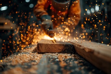 Close-up of a circular saw blade cutting wood with sparks flying - obrazy, fototapety, plakaty