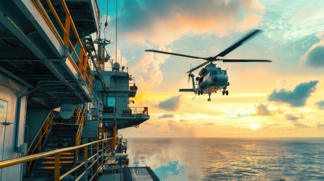 Helicopter landing of Offshore Platform with warm glow sky.