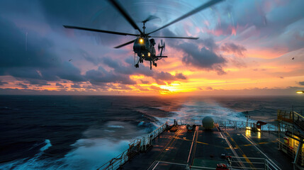 Helicopter landing of Offshore Platform with warm glow sky.
