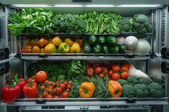 Fresh vegetables and herbs on shelves in an industrial refrigerator