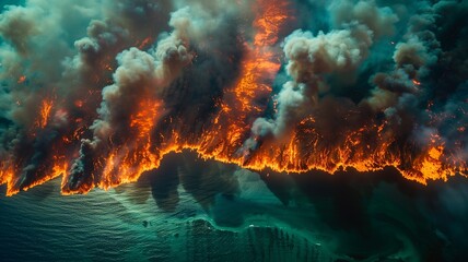 Aerial view of burning forest at sunset. Natural disaster and ecology concept