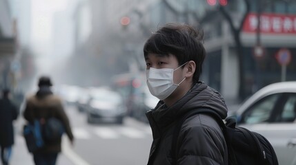 Fototapeta na wymiar Unhealthy air, in an urban area, people wear masks.
