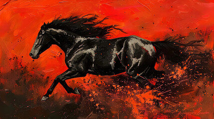 a painting of a black horse galloping on a red, orange and black background with a white spot in the middle of the horse's body. - obrazy, fototapety, plakaty