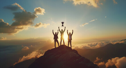 Success and achieving goals. Silhouette of businessman holding a trophy and flag on top of the mountain. concept of victory in competition Business and planning for future business growth.Ai

