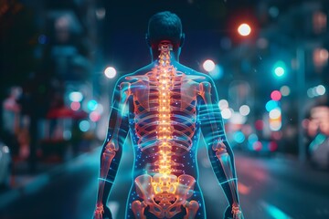 Visualizing Back Pain: D Rendered Image with X-ray for Accurate Diagnosis and Treatment. Concept Back Pain, Medical Imaging, 3D Rendering, X-ray, Diagnosis and Treatment - obrazy, fototapety, plakaty